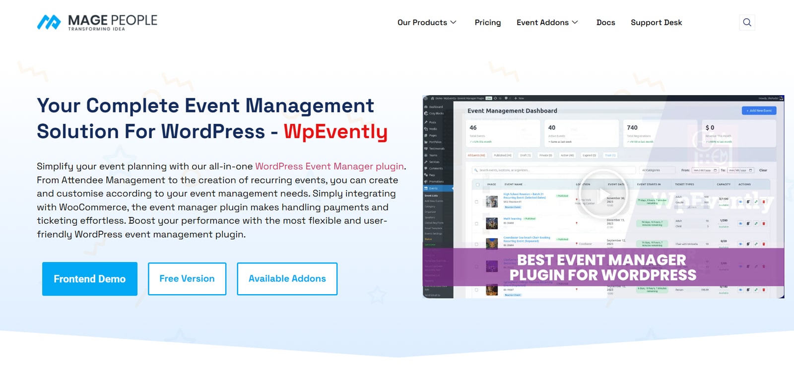 Illustration of WpEvently, a professional event management plugin with attendee information editing.