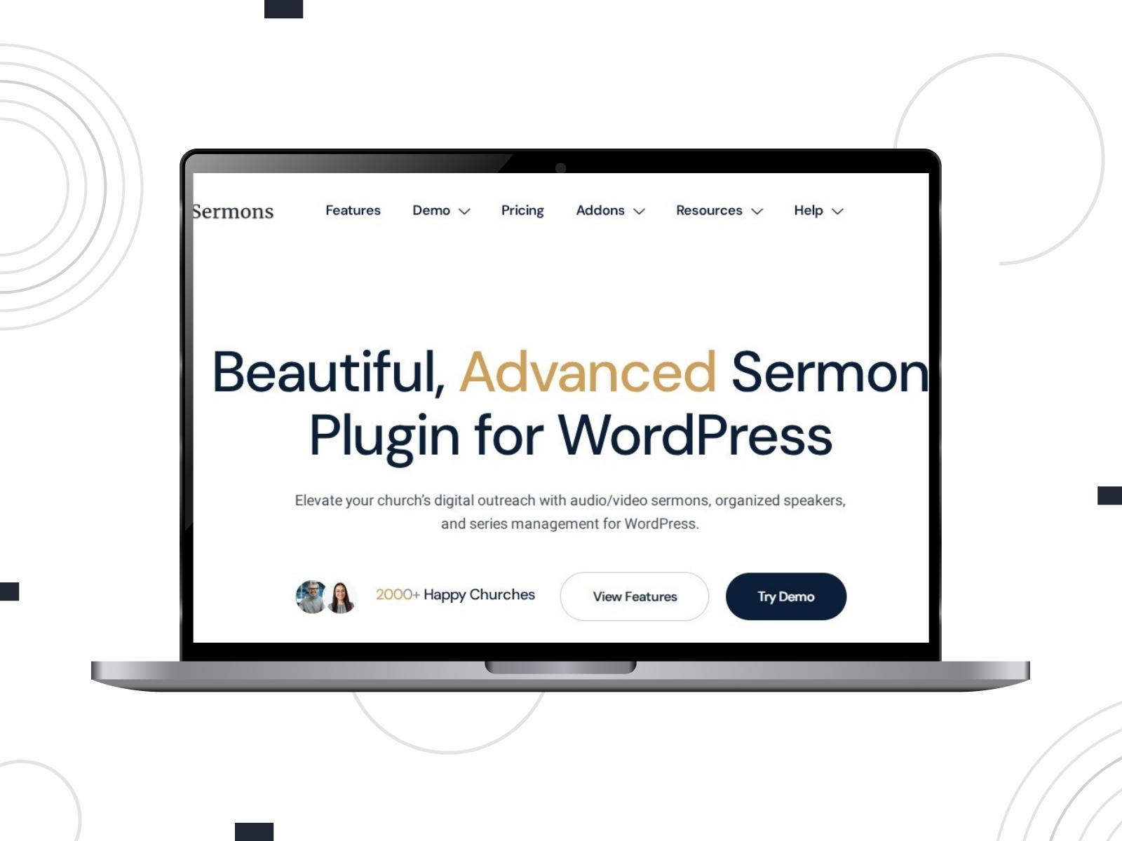 Collage of the Advanced Sermons plugin homepage on the desktop screen.