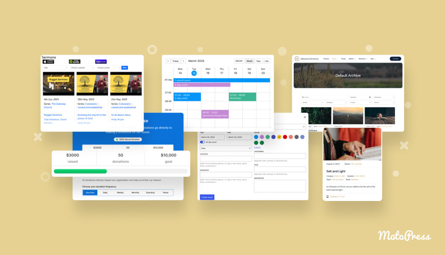 Collage of the best church website WordPress plugins.