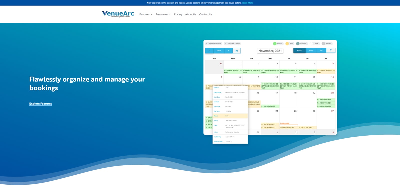 Graphic of VenueArc, flexible venue booking software with an easy-to-use event booking calendar.