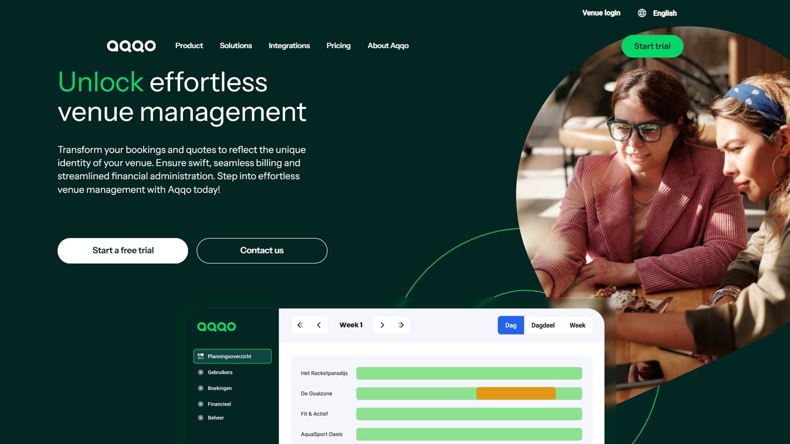 Graphic of Aqqo, venue scheduling software with branded online requests.