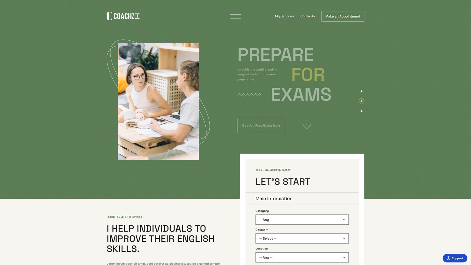 Photograph of CoachZee, tutoring WordPress theme for Gutenberg with a mobile-friendly appointment booking form.