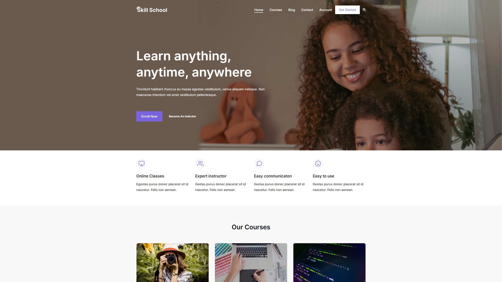 Representation of Skill School, an eLearning WordPress theme with an integrated blog.