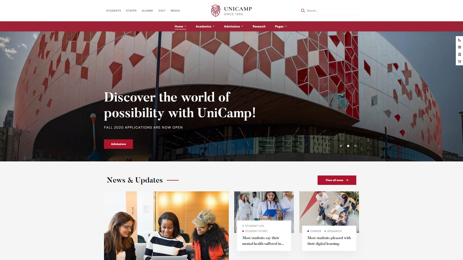Representation of Unicamp, a multipage WordPress solution for universities with 10+ layouts for courses and course details.