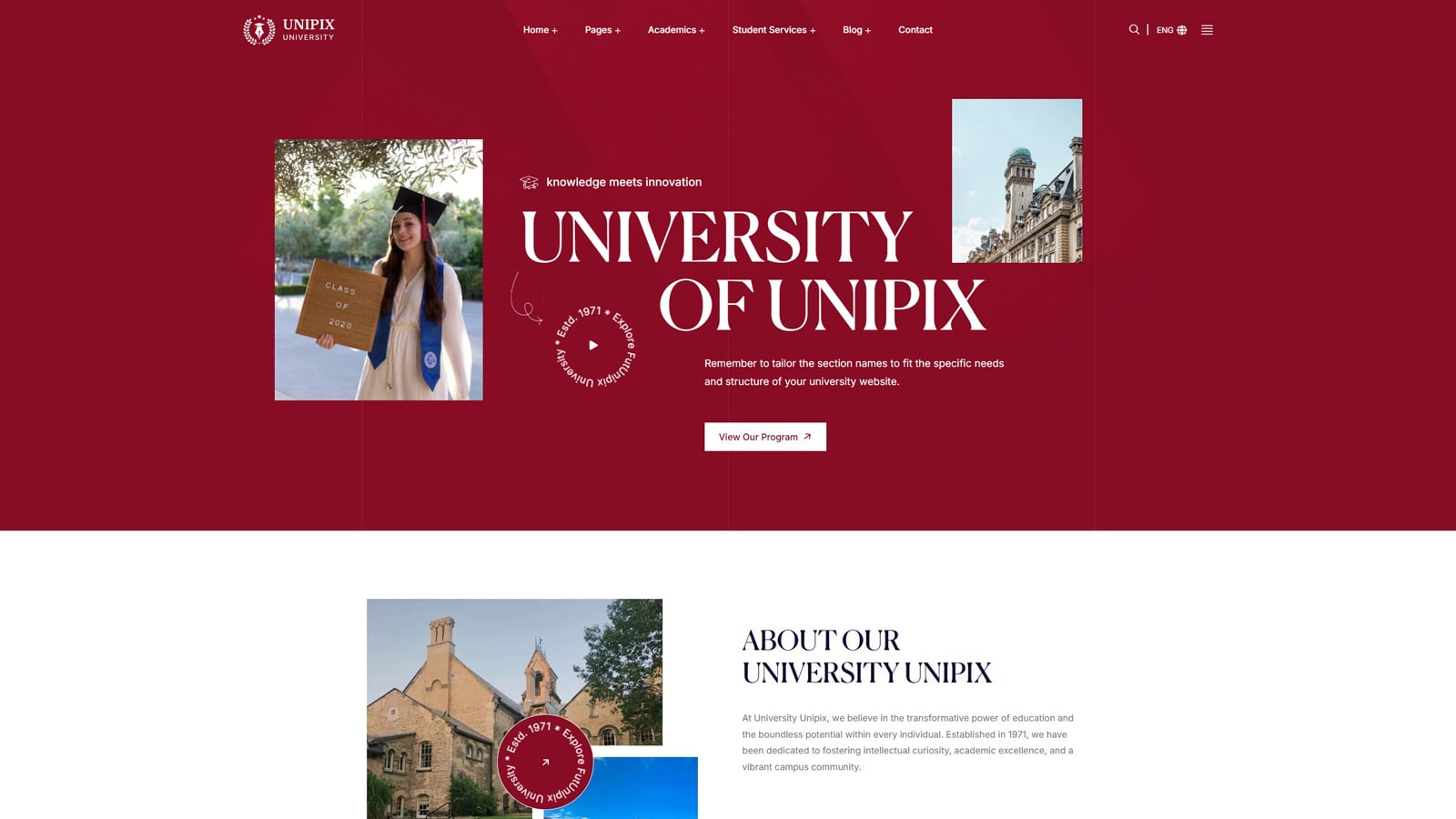 Visual of Unipix, one of the best WordPress LMS themes with 12 diverse designs for educational websites.