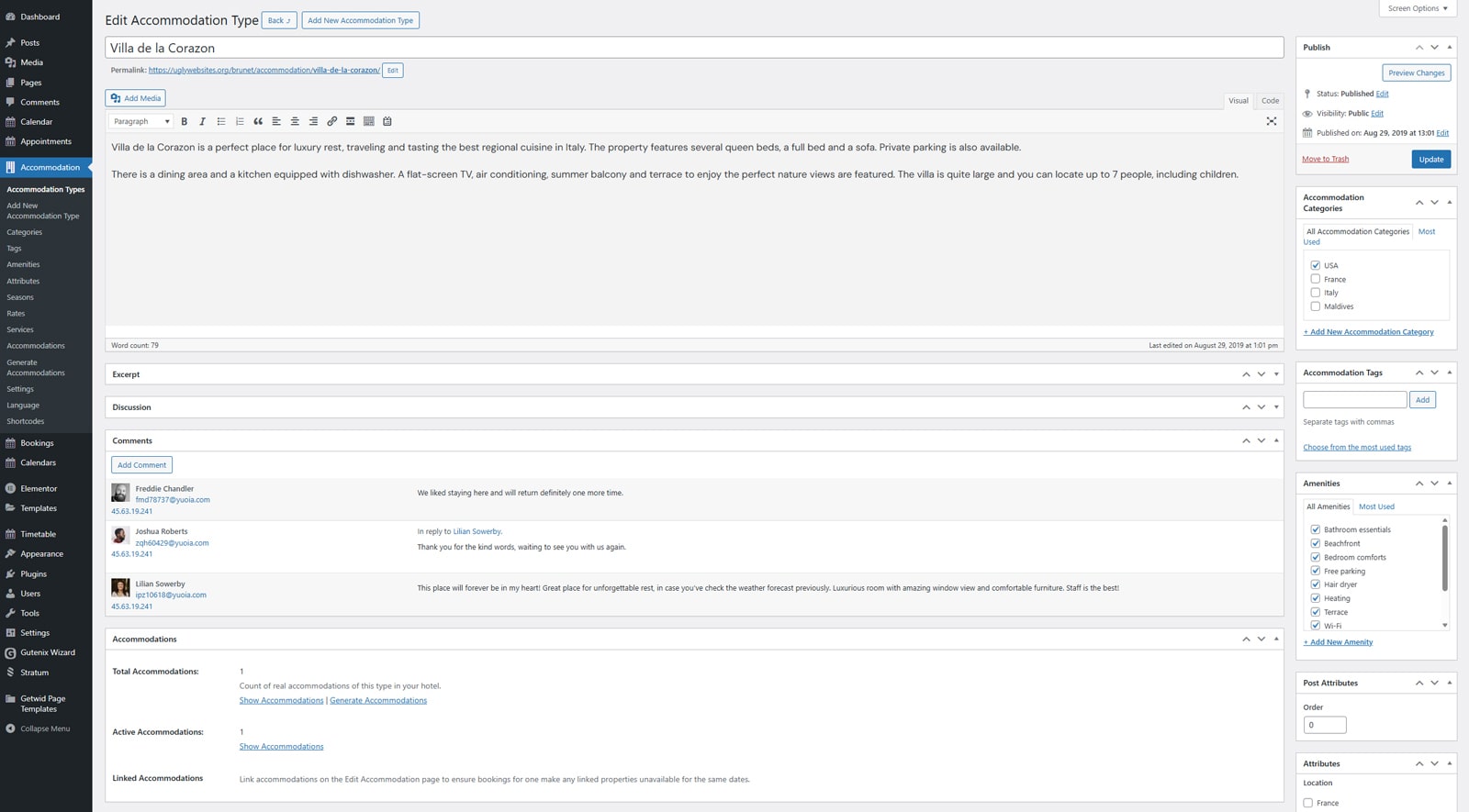 Photograph of creating the accommodation type using the Hotel Booking plugin.