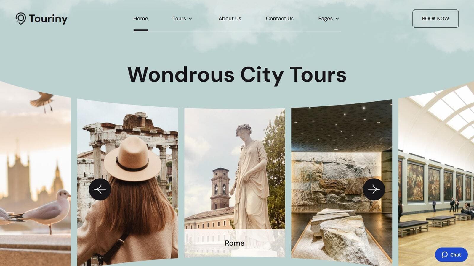 Graphic of Touriny WordPress theme for city tour guides and agencies.