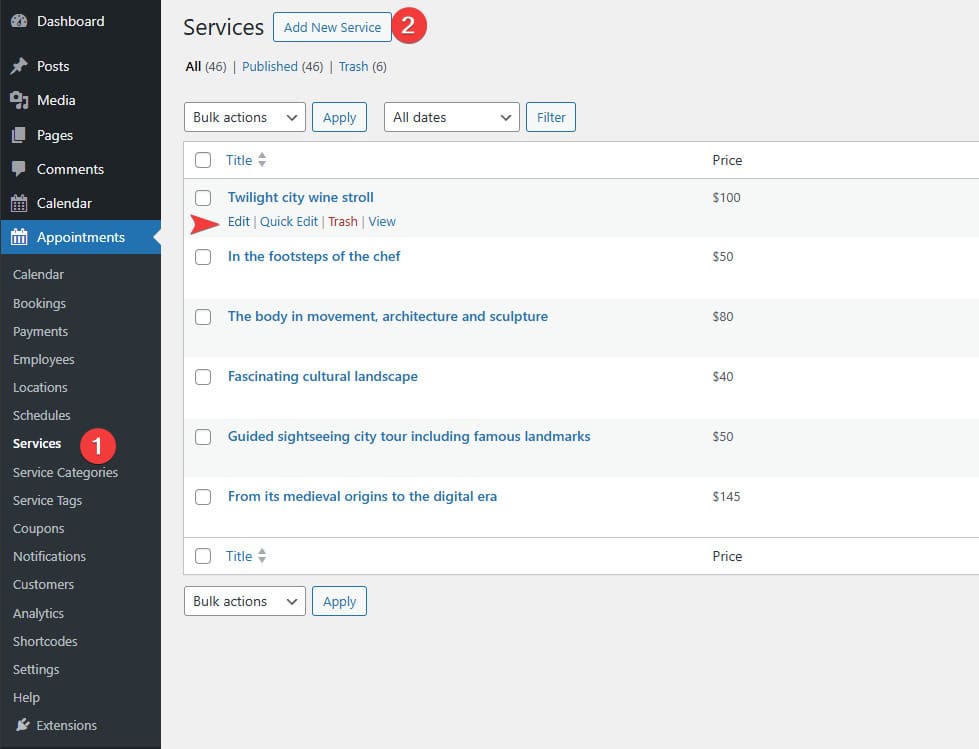 Representation of the Services tab of the Appointment Booking plugin used for content about how to become a tour guide.
