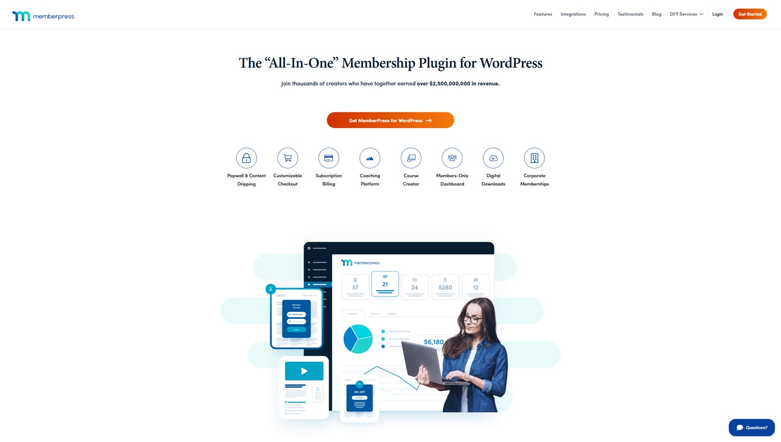 Image of MemberPress, a leading WordPress solution for managing memberships and subscriptions.