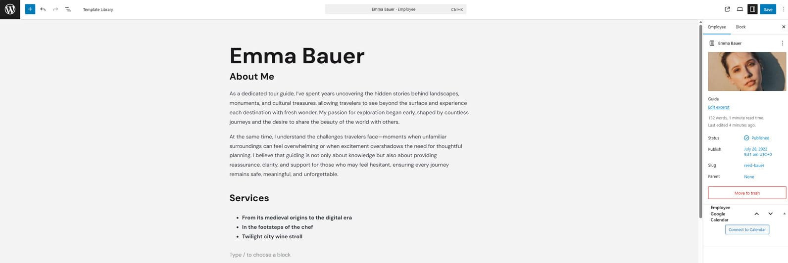 Image of an example of a tour guide description available with the Touriny WordPress theme.