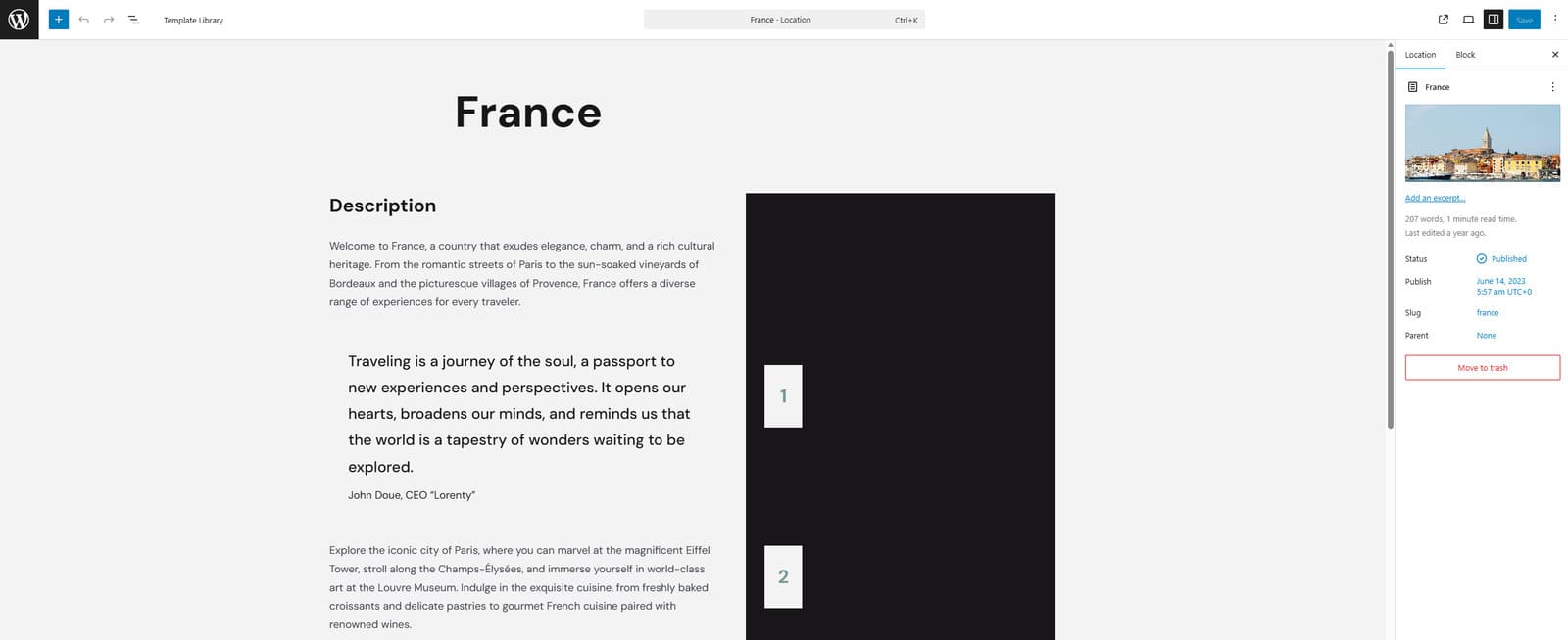 Figure of an example page for locations and destinations of city tours and excursions.