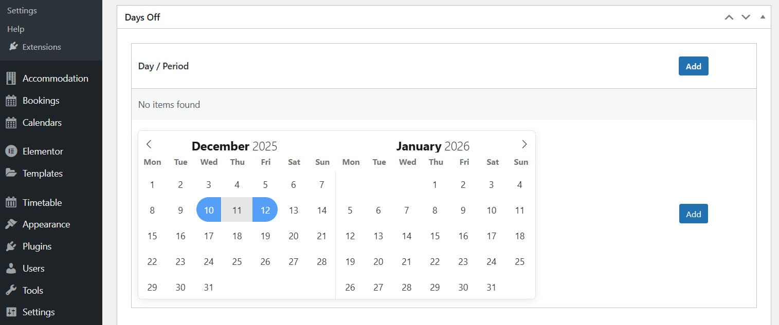Snapshot of customizable days-off calendar for tour guides' schedules.
