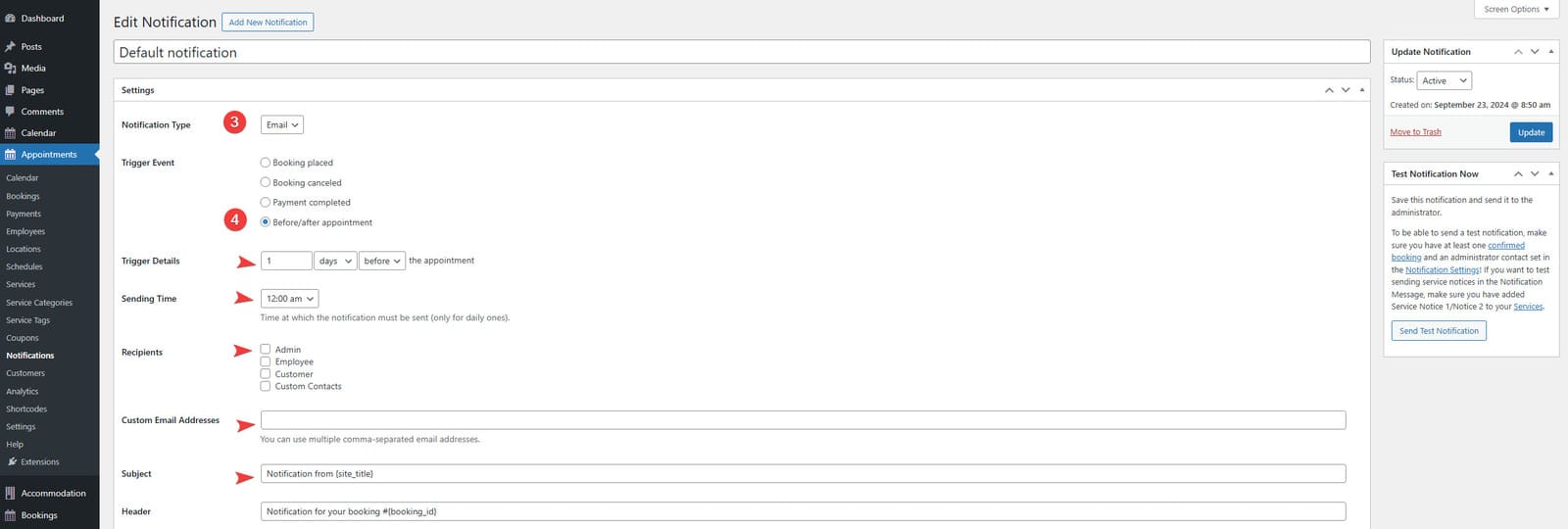View of the email notification interface in the WordPress dashboard for those who want to learn how to become a tour guide.