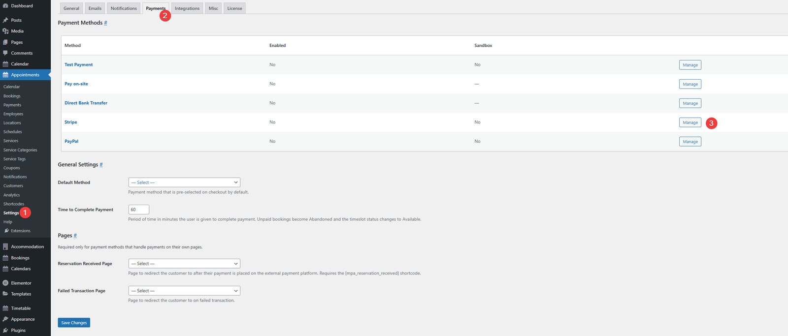 Photograph of payment settings of the Appointment Booking plugin.
