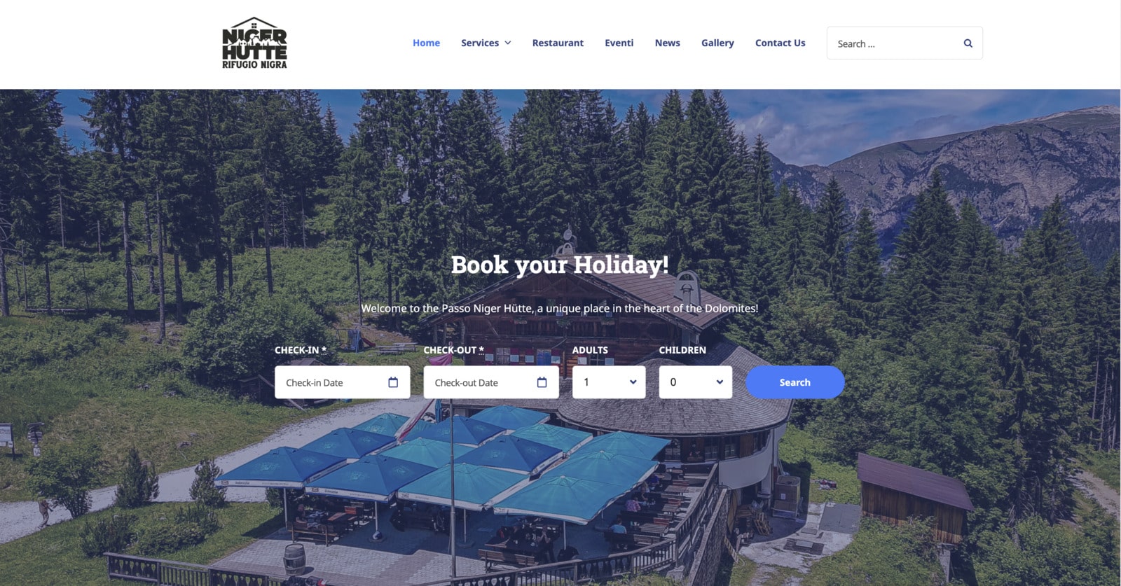 Screenshot of the Passo Niger Hütte website homepage.
