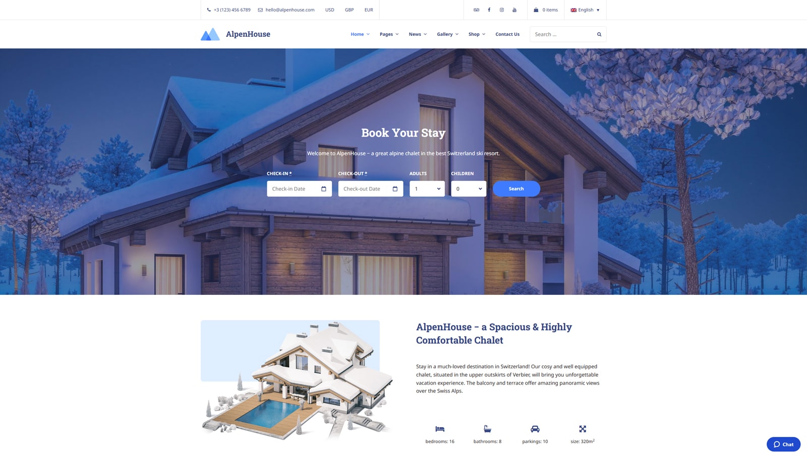 Illustration of Alpenhouse, a flexible theme for WordPress and one of the trending hotel website design options.