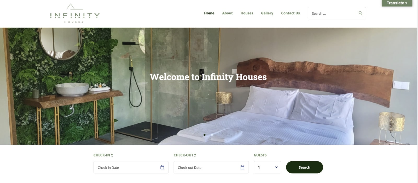 Screenshot of the Infinity Houses WordPress site homepage.
