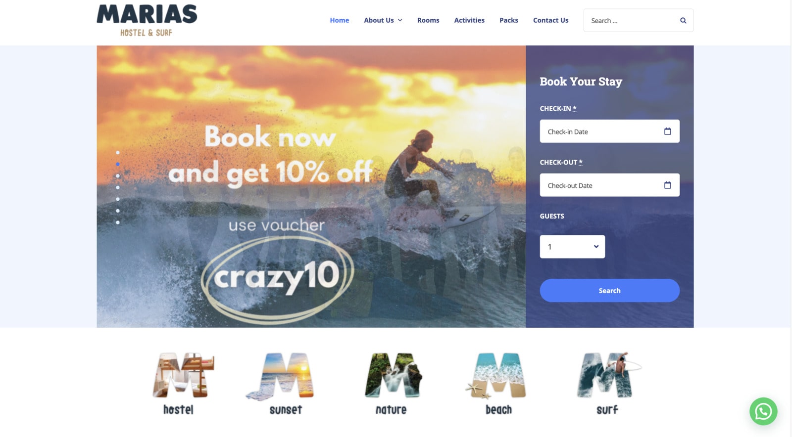 Screenshot of the Marias hostel & surf hostel website.