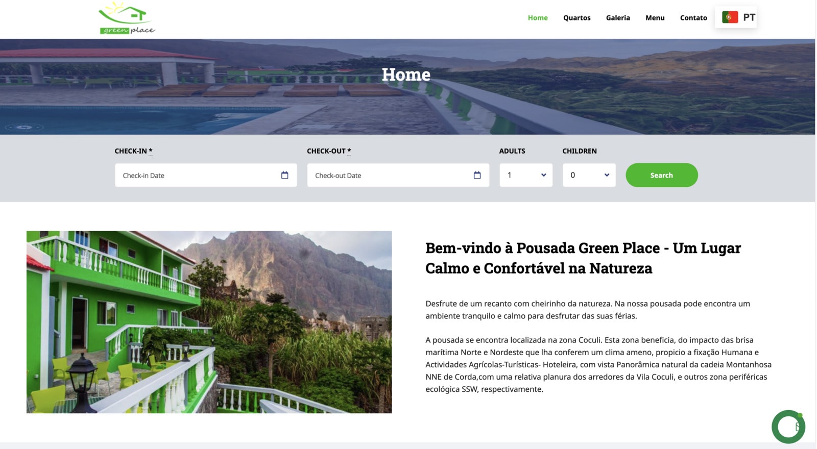 Screenshot of the Pousada Green Place guesthouse wp website.