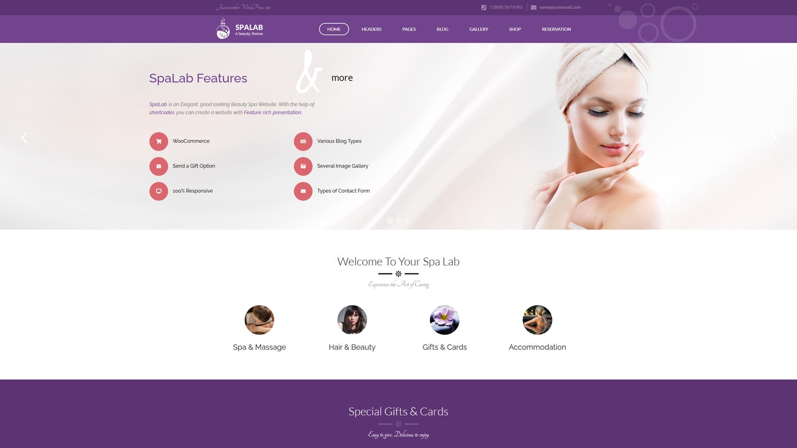 Representation of SpaLab, a feature-rich spa theme for WordPress with 4 diverse home pages.