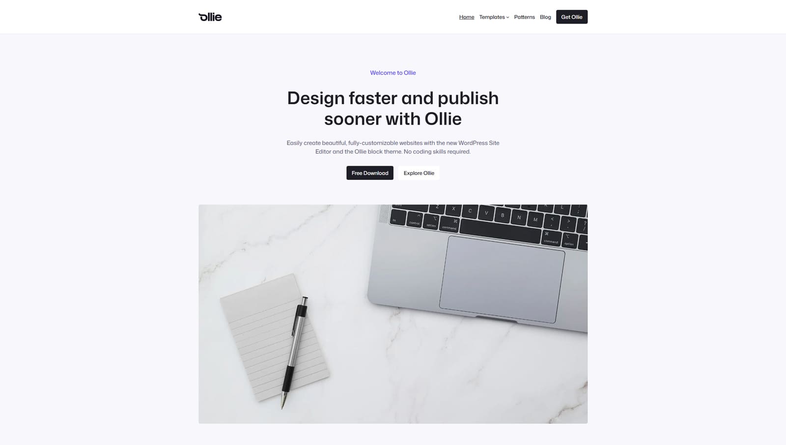 Graphic of Ollie, one of WordPress block themes, with an impressive collection of 80+ patterns.