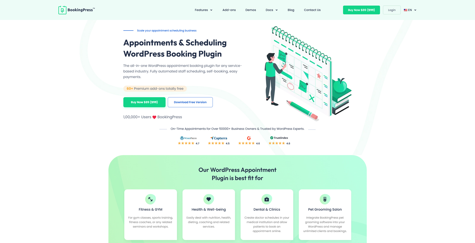 Figure of BookingPress, one of the WordPress group booking plugin options, with Unlimited services & bookings.