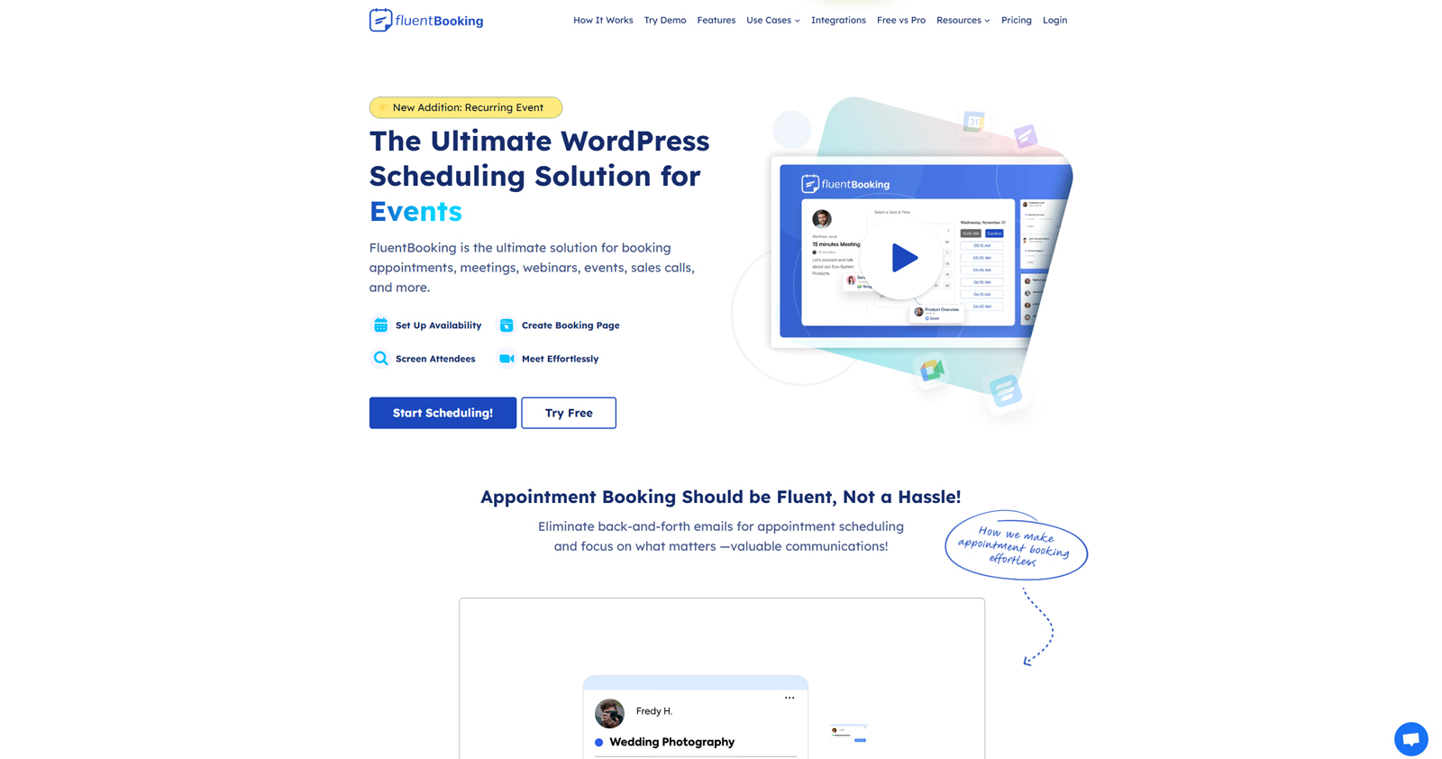 Snapshot of FluentBooking, one of the WordPress group booking plugin options, with 4 supported event types.