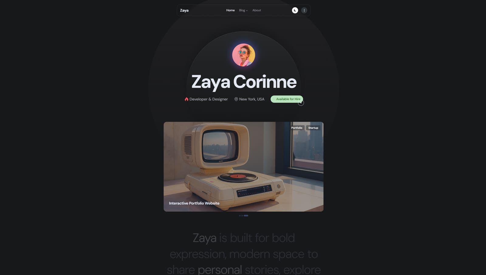Snapshot of Zaya, a personal WordPress block theme with light and dark design options.