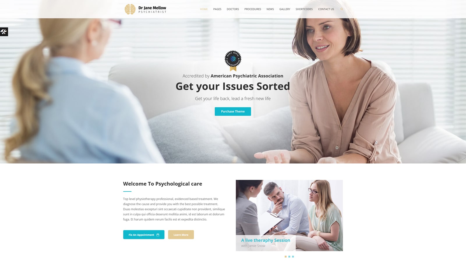View of Psychology, one of the wellness WordPress themes with custom UI elements included.