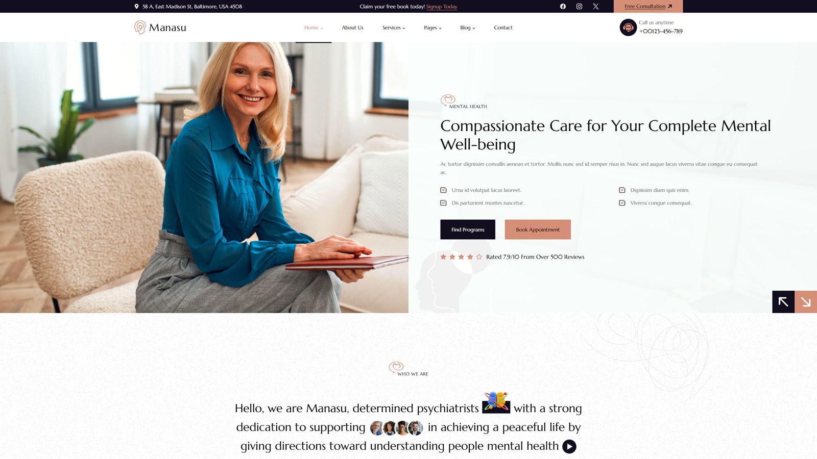 Image of Manasu, one of the wellness WordPress themes with integrated WooCommerce-powered Shop pages.