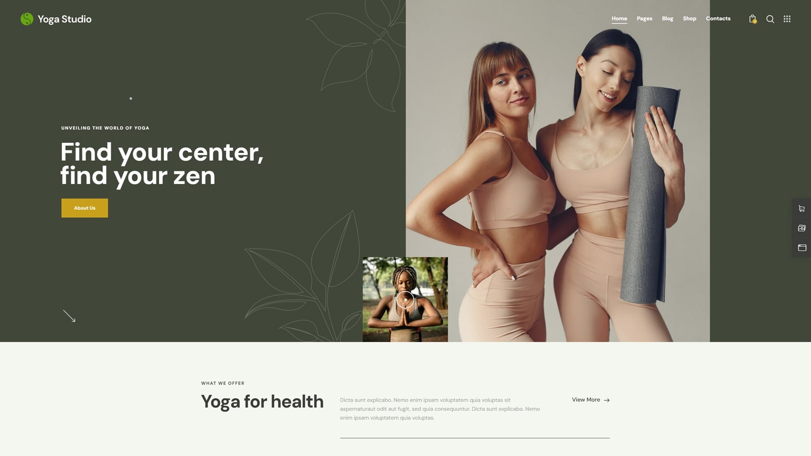 Graphic of Yoga Studio, one of the wellness WordPress themes with 6 supported WordPress plugins.