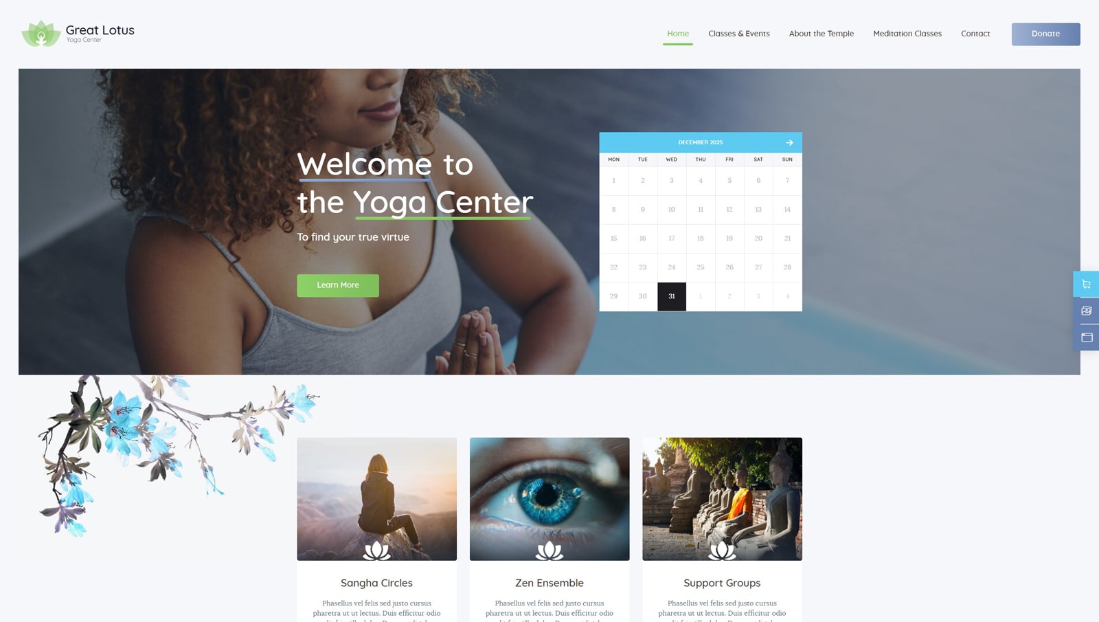 Representation of Great Lotus, a meditation and yoga studio WordPress theme with header and footer customization tools.
