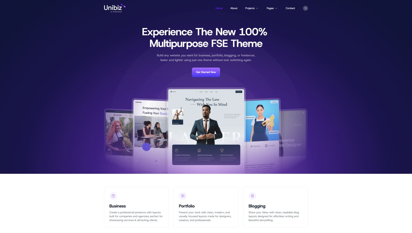 Representation of Unibiz, a multipurpose WordPress block theme with full control over your site's content.