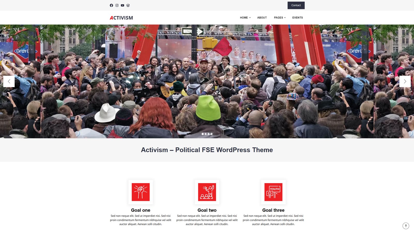 Representation of Activism, a political WordPress block theme featuring a sticky header for easier navigation.