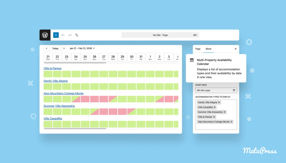An image showing parts of the Multi property availability calendar in MotoPress Hotel Booking.