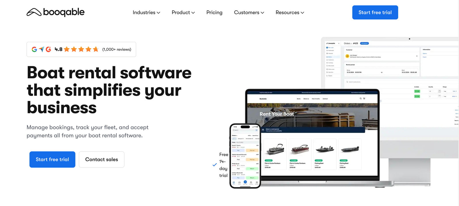 Screenshot of the Booqable boat rental software page.