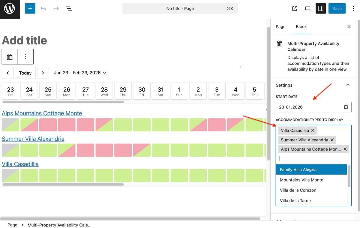 Multi property block settings in MotoPress Hotel Booking.