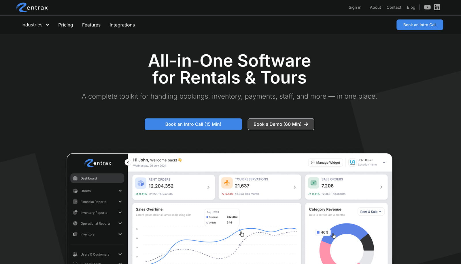 Screenshot of the Rentrax software homepage.