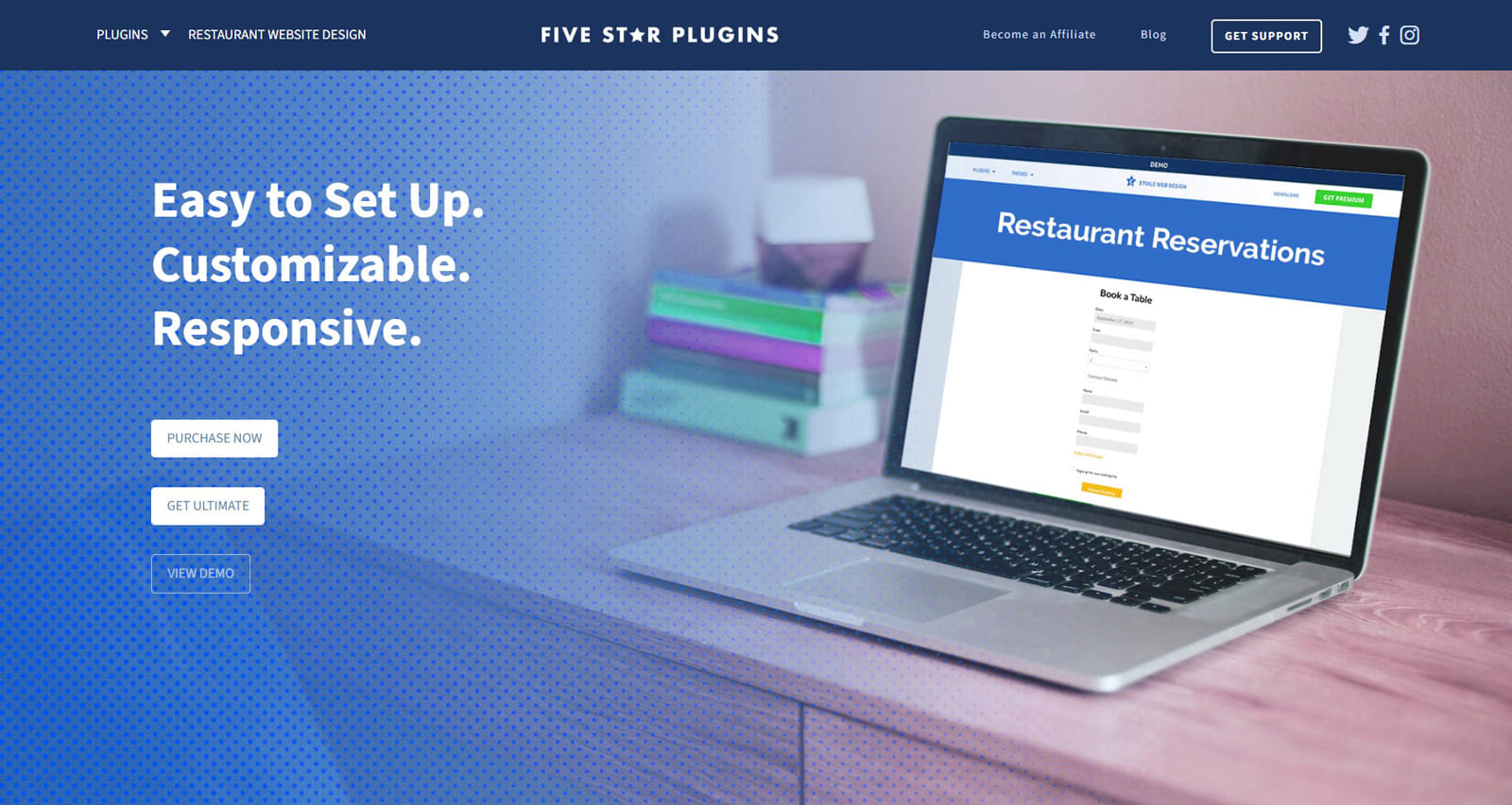 Graphic of Five Star Restaurant Reservations, a reliable table booking system for WordPress with easy-to-edit availability settings.