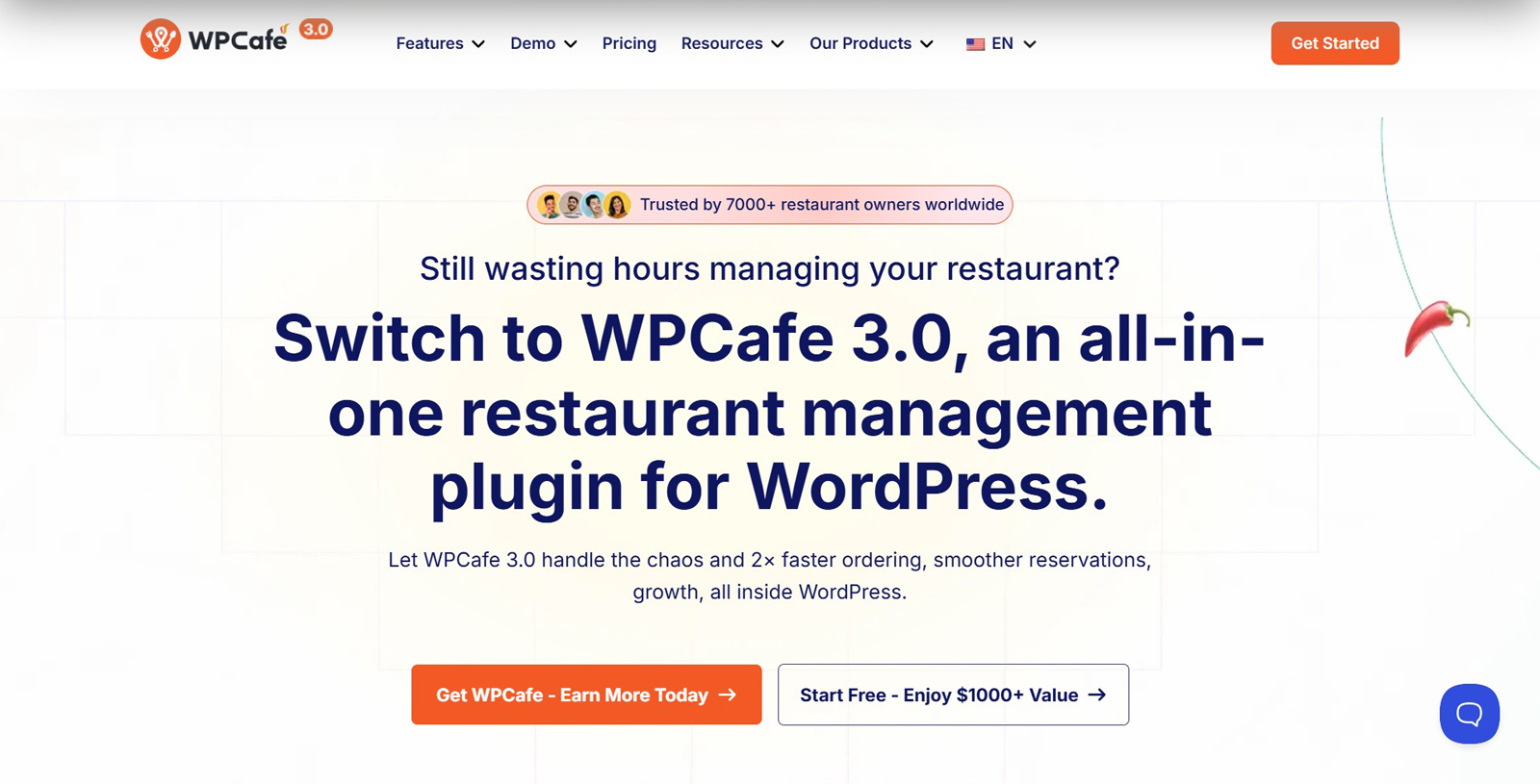 Photograph of WPCafe, one of the table booking WordPress plugin options with 34+ food menu templates.