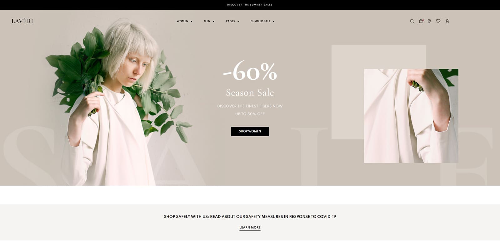 Visual of Laveri, a fashion design WooCommerce theme with multiple pre-designed eCommerce pages.