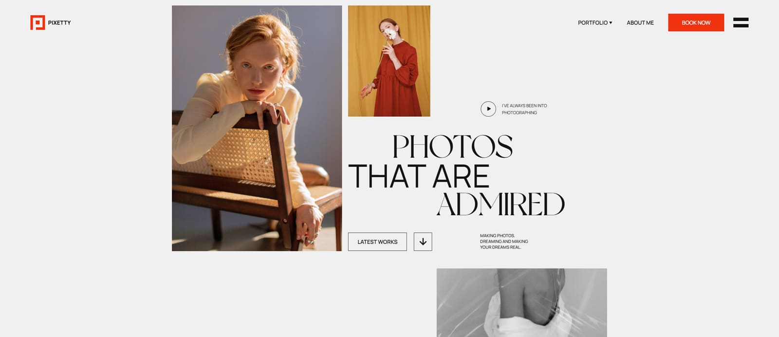 Graphic of Pixetty, a responsive WordPress photography theme with 2 stylish portfolio layouts for photos.