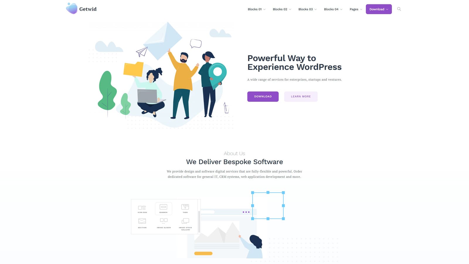 Image of Getwid Base, a customizable WordPress theme for designers with 40+ Gutenberg blocks.