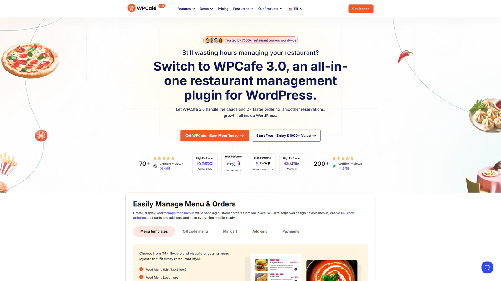 Portrait of WPCafe, one of the popular WordPress restaurant plugins with a live order dashboard.