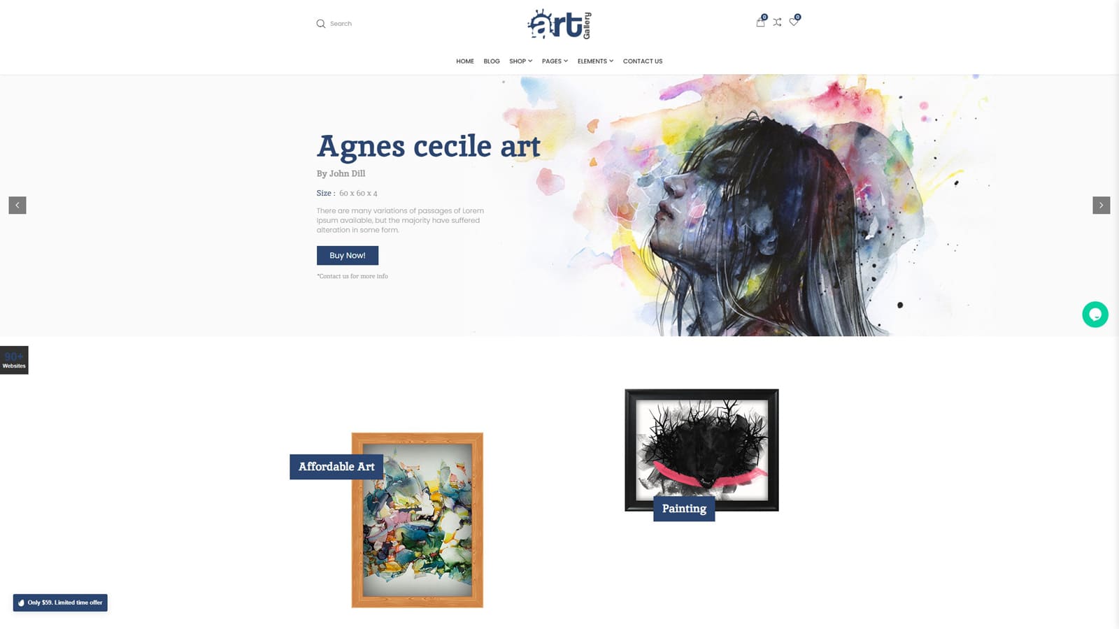 Representation of CiyaShop, an art gallery WordPress theme with impressive shop listing pages.