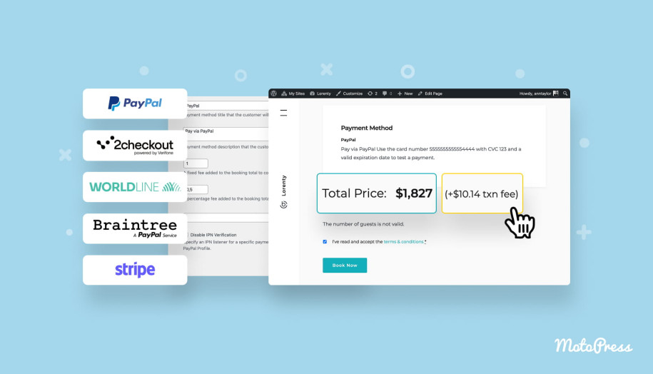 A featured image about transaction fees in MotoPress hotel booking plugin.