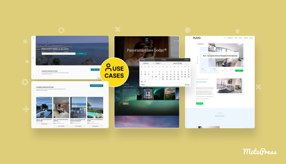 Examples of WordPress hotel sites powered by MotoPress Hotel Booking.