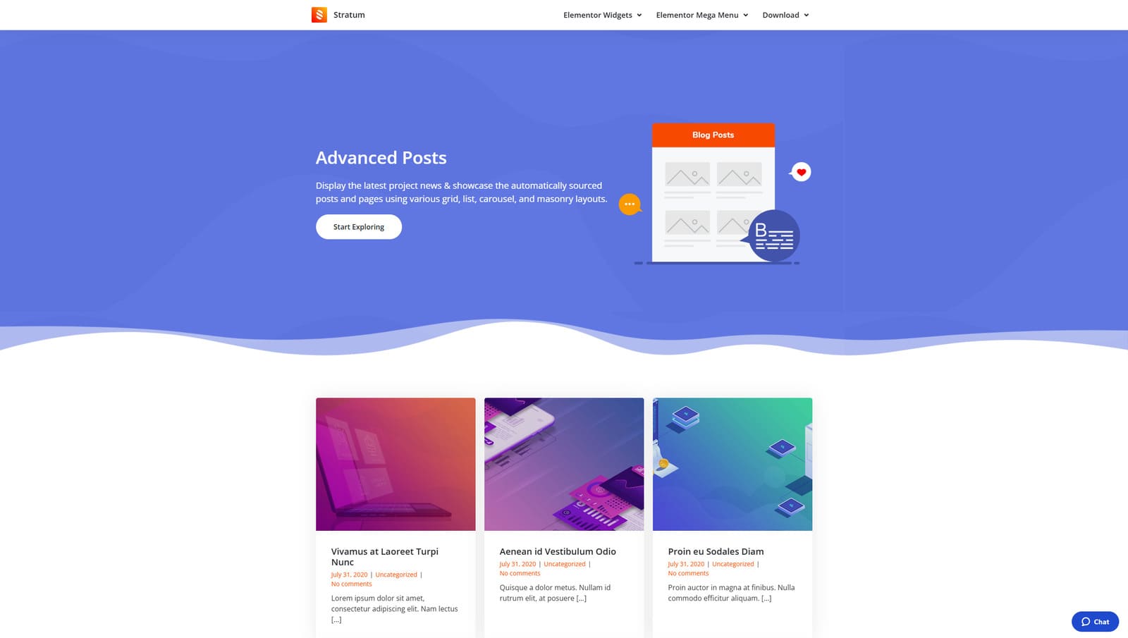 Photograph of Elementor blog posts grid widget demo provided by the Stratum add-on.