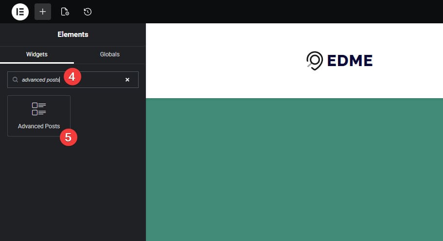 Visual of searching for the Advanced Posts widget using Elementor.
