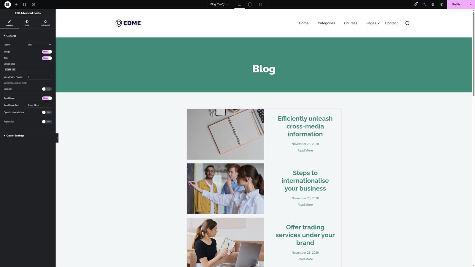 Portrait of the List layout included with the Elementor blog posts grid widget.